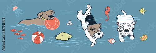 Set of cute cartoon dogs swimming in the sea. Vector illustration.