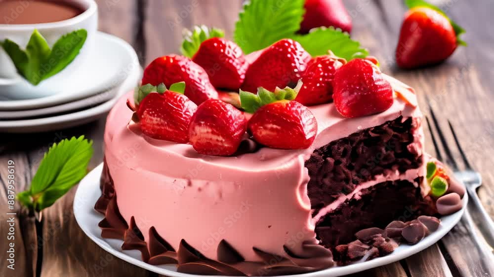 Deliciously tempting strawberry cake ready to be savored Deliciously tempting strawberry cake ready to be savored