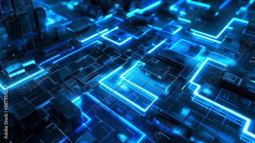 Wallpaper Mural Abstract Glowing Tetris Blocks with Blue Technology Network Connections, Ideal for New Era and New Technology Themed Articles, Publications, Marketing Campaigns, and Advertising Backgrounds, AI-Genera Torontodigital.ca