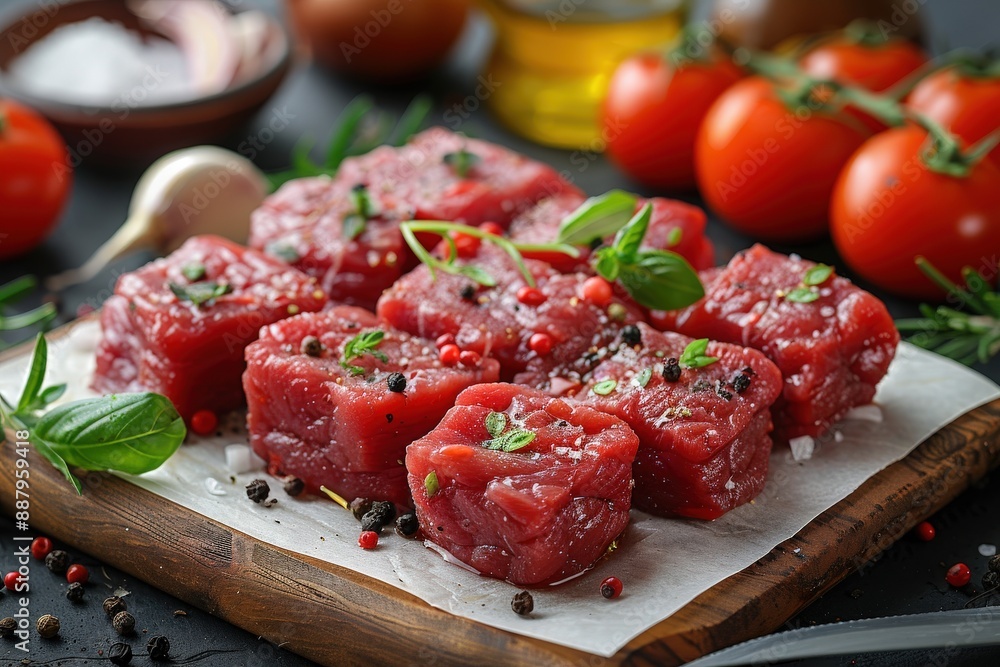 Fresh, raw beef cubes arranged on a wooden board, garnished with various spices and herbs, with tomatoes, garlic, and onions in the background, ready for cooking. Fresh, raw beef cubes arranged on a wooden board, garnished with various spices and herbs, with tomatoes, garlic, and onions in the background, ready for cooking.