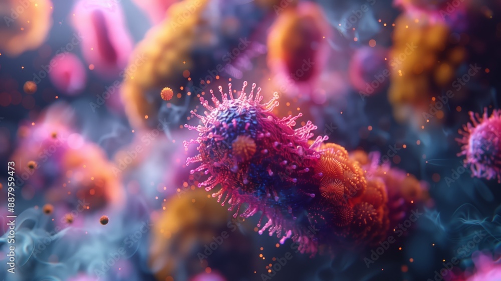 A close-up, digital illustration of vibrant, futuristic microorganisms, rendered in a bright, colorful world. A close-up, digital illustration of vibrant, futuristic microorganisms, rendered in a bright, colorful world.