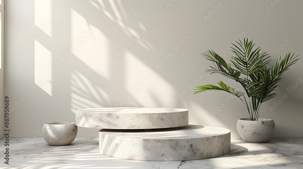 Tropical Palm Display: Minimalistic Scene with Round Marble and Flowerpot for Boho Product Showcase Tropical Palm Display: Minimalistic Scene with Round Marble and Flowerpot for Boho Product Showcase