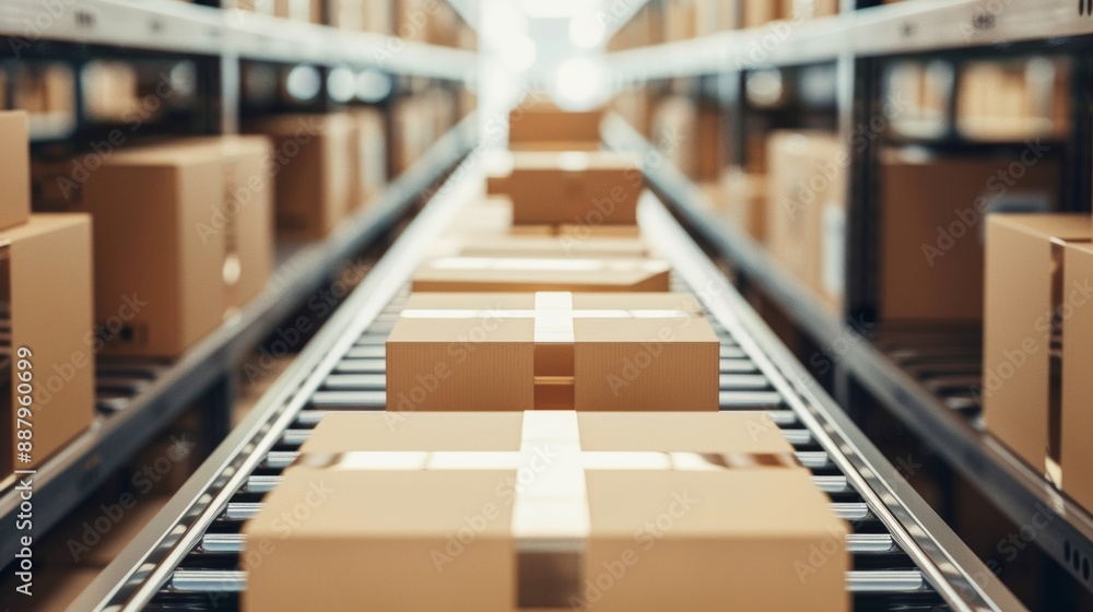 Packages on a conveyor belt in a warehouse Packages on a conveyor belt in a warehouse
