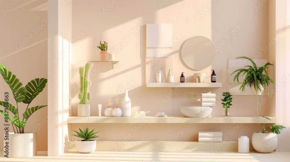 Fototapeta premium Minimalist bathroom with green plants