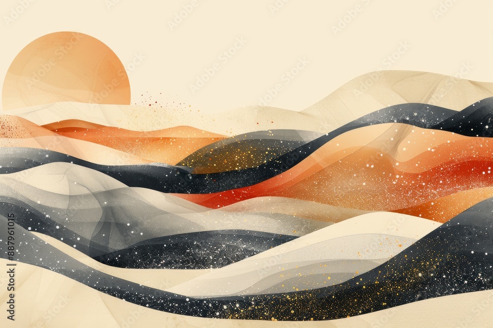 Obraz premium Abstract landscape with flowing golden hills and dark valleys, using watercolor and ink techniques to create a serene and evocative scene.