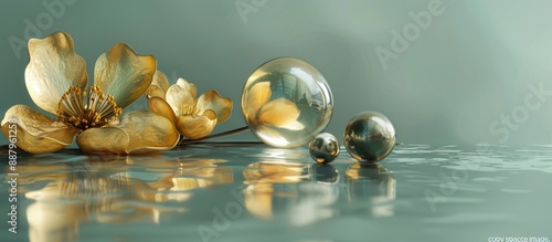 Golden flowers a spherical object and a conical shape against a fresh green backdrop with room for text or graphics known as copy space image photo