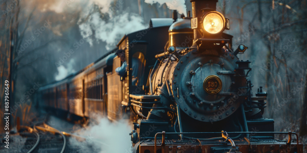 Fototapeta premium Classic steam train traveling through a forest landscape, emitting steam and creating a nostalgic, adventurous atmosphere.