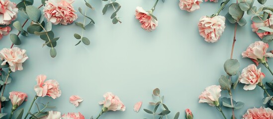 A square frame composed of pink carnation blooms fresh green eucalyptus twigs set against a pastel backdrop providing ample space for adding text in the image