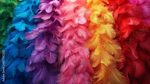 A close-up of a rainbow-colored feather boa, representing the festive spirit of Pride celebrations © Saysamorn