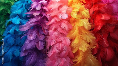 A close-up of a rainbow-colored feather boa, representing the festive spirit of Pride celebrations