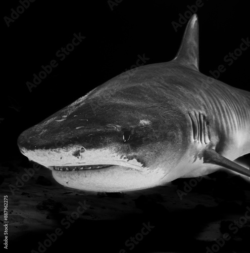 Black and White Portrait of a Tiger Shark