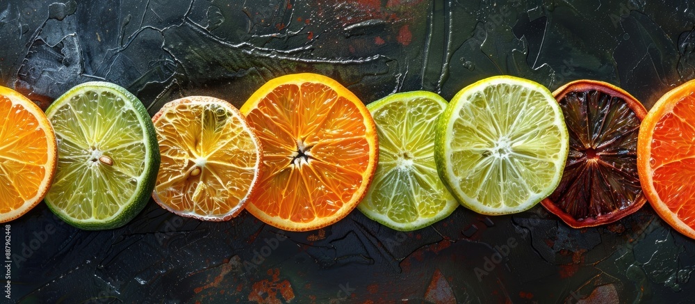 From a bird s eye perspective vibrant citrus slices are arranged on a dark surface with available copy space image From a bird s eye perspective vibrant citrus slices are arranged on a dark surface with available copy space image