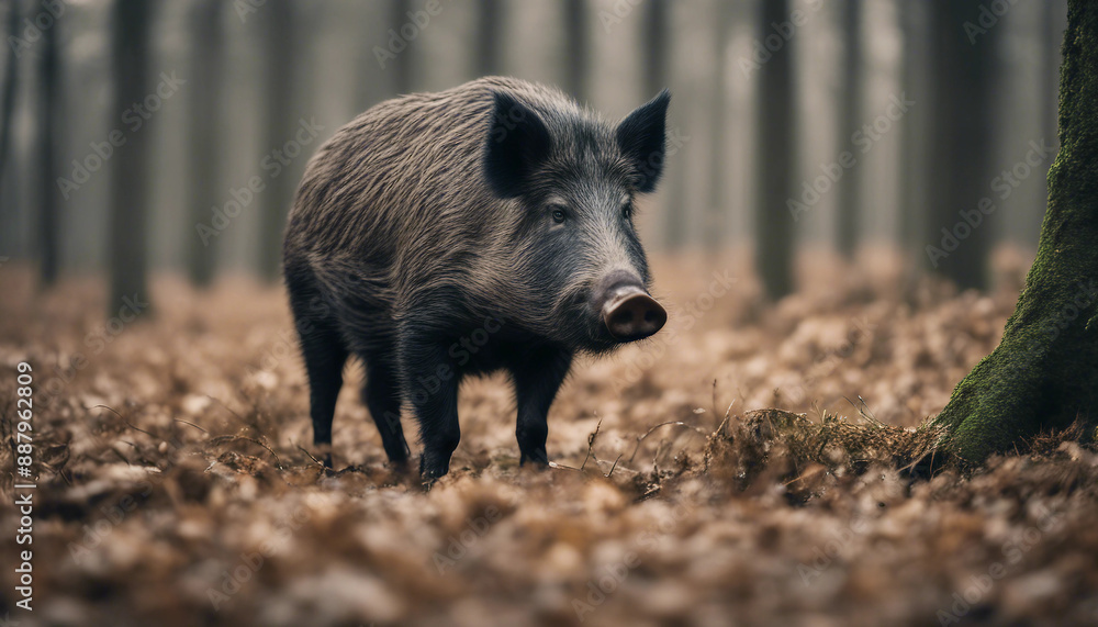 A wild boar foraging in the forest, overcast day
A wild boar foraging in the forest, overcast day