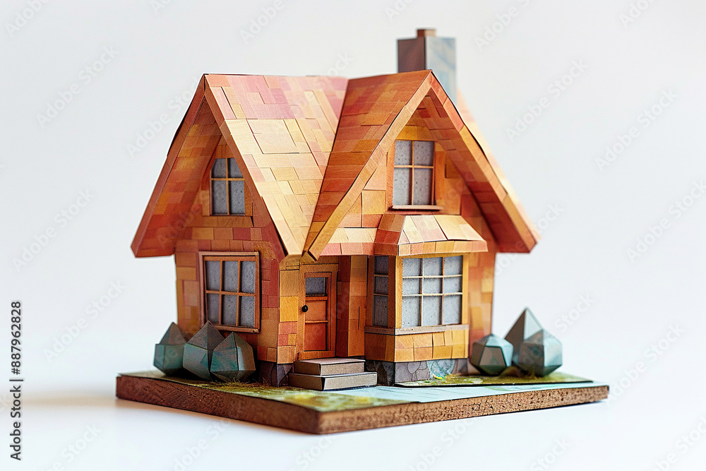 Model of a wooden two-story house on a white background. House project, concept of buying or building real estate. Generated by artificial intelligence Model of a wooden two-story house on a white background. House project, concept of buying or building real estate. Generated by artificial intelligence