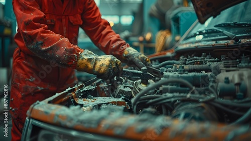 An auto mechanic in a red jumpsuit uses a heavy-duty wrench to repair a car engine, grease and tools scattered. The workshop is bustling with activity for a dynamic perspective and depth. photo