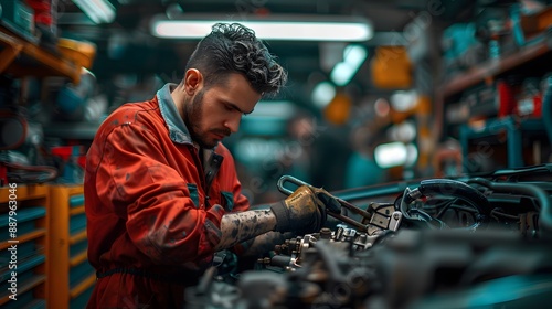 Wallpaper Mural An auto mechanic in a red jumpsuit uses a heavy-duty wrench to repair a car engine, grease and tools scattered. The workshop is bustling with activity for a dynamic perspective and depth. Torontodigital.ca