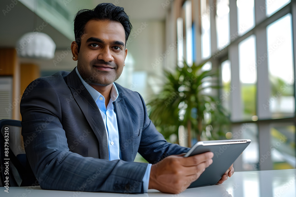 happy Indian mid age business man professional ceo using tablet computer, looking at camera at desk in the office happy Indian mid age business man professional ceo using tablet computer, looking at camera at desk in the office