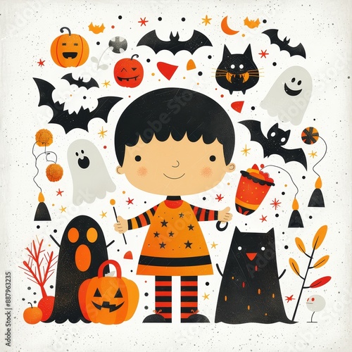 Spooky Halloween Flat Design with Cute Percut Character Surrounded by Ghosts and Bats Holding Trick-or-Treat Bag photo