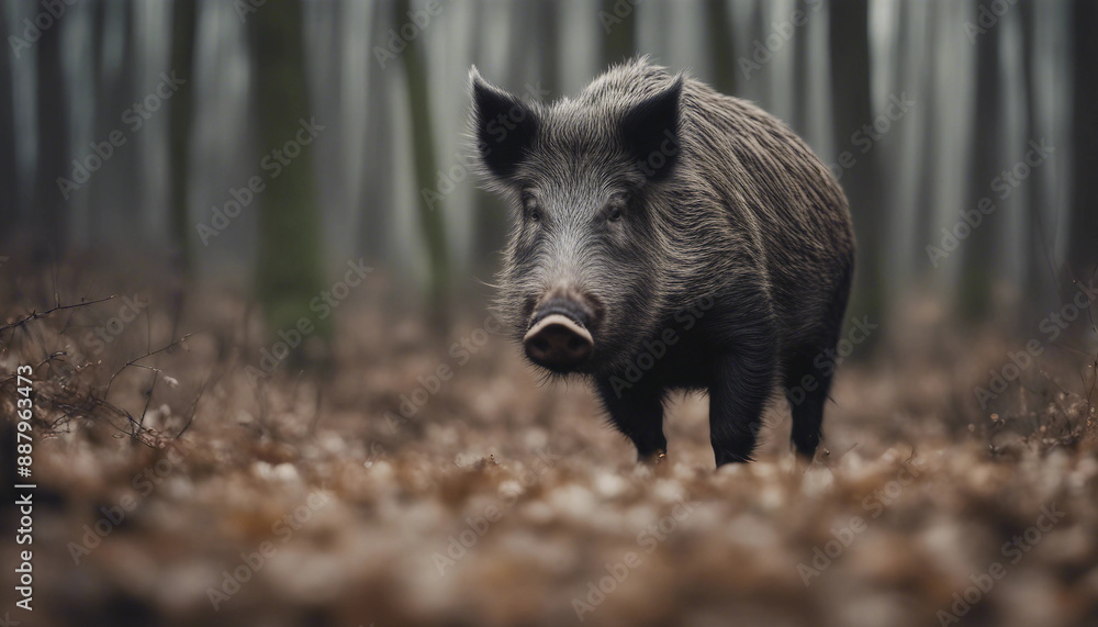 A wild boar foraging in the forest, overcast day
A wild boar foraging in the forest, overcast day