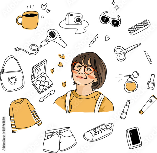 Yellow Girl doodle item with accesories like t-shirt .make up. Shoes. Perfume