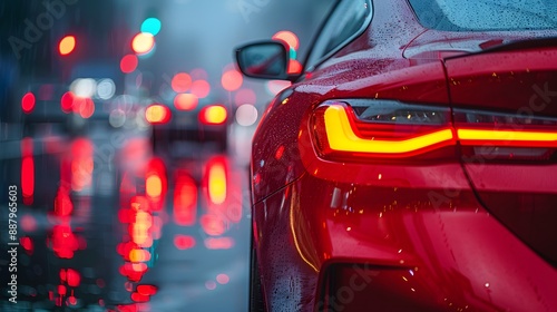 Wallpaper Mural Detailed shot of the rear taillight and side view mirror of a luxurious red car on a rainy city street at night, capturing the reflection of street lights and bokeh background. Torontodigital.ca