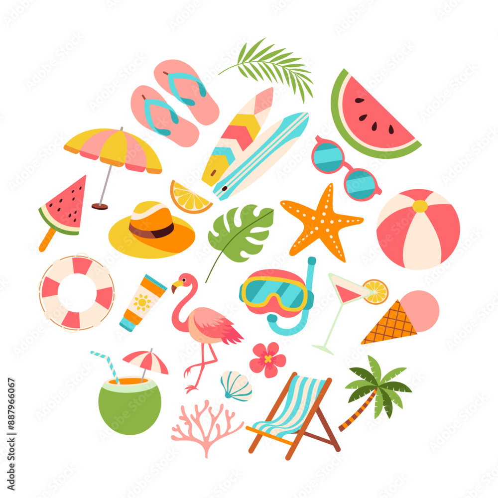 A colorful image of beach items such as a flamingo, sunglasses, and a surfboard. The image conveys a fun and relaxed atmosphere, likely associated with a day at the beach A colorful image of beach items such as a flamingo, sunglasses, and a surfboard. The image conveys a fun and relaxed atmosphere, likely associated with a day at the beach