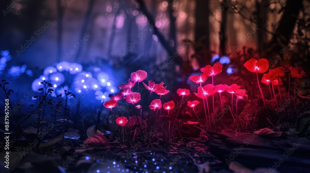 Glowing Red Flowers in a Dark Forest with Blue Lights in the Background Glowing Red Flowers in a Dark Forest with Blue Lights in the Background