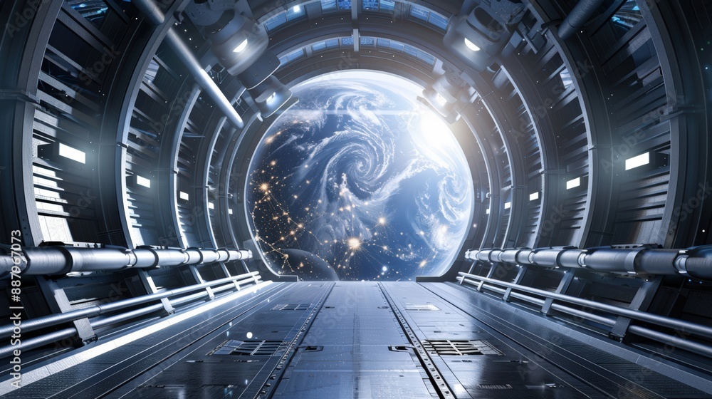 Futuristic Space Station Corridor with View of Earth and Stars Futuristic Space Station Corridor with View of Earth and Stars