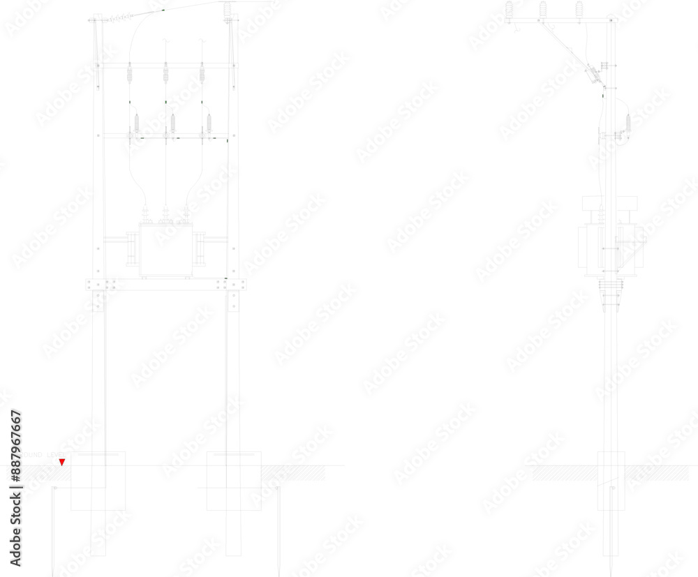 Vector silhouette illustration sketch of detailed construction design for high voltage electricity poles for street light cables Vector silhouette illustration sketch of detailed construction design for high voltage electricity poles for street light cables
