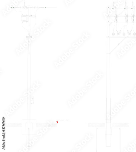 Vector silhouette illustration sketch of detailed construction design for high voltage electricity poles for street light cables