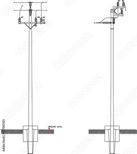 Vector silhouette illustration sketch of detailed construction design for high voltage electricity poles for street light cables 
