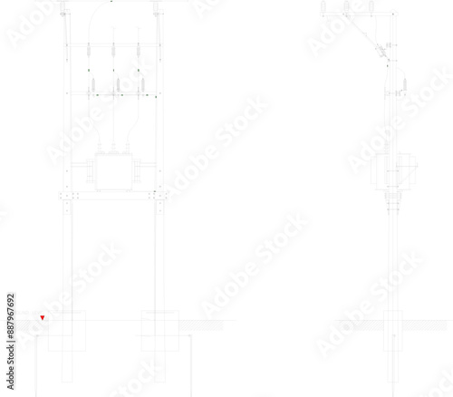 Vector silhouette illustration sketch of detailed construction design for high voltage electricity poles for street light cables