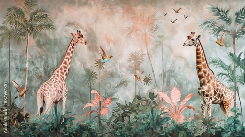 Fototapeta Naklejka Na Ścianę i Meble -  Vintage wallpaper of tropical forest with giraffes and hummingbirds, pastel color, oil painting style. 