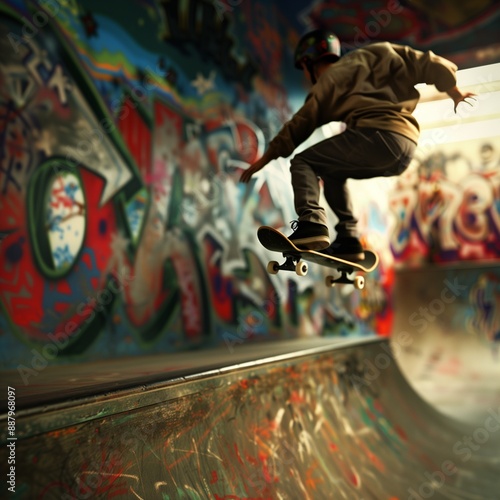 A skateboarder performing a high-flying trick over a skate park ramp.. The skater is mid-air, with the skateboard rotating under their feet, showcasing their skill. photo