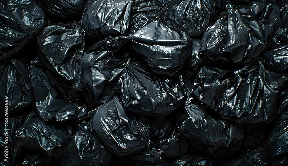 wall of black garbage bags, full frame wall of black garbage bags, full frame