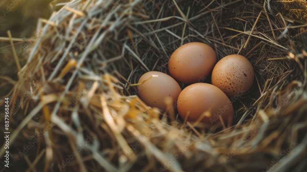 Close-up of chicken eggs in nest, organic food, straw grass setting Close-up of chicken eggs in nest, organic food, straw grass setting