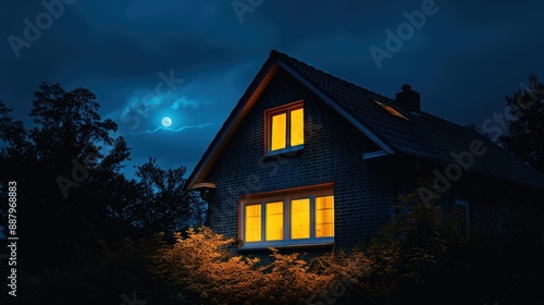 Nighttime View of a Brick House with Illuminated Windows Under a Full Moon © Tanakorn