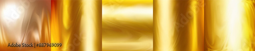 Golden metallic template background realistic vector illustration set. Wavy shimmering gold sheet 3d color collection upper view