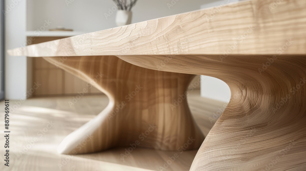 Close-up of modern sculpted hardwood table in minimalist interior Close-up of modern sculpted hardwood table in minimalist interior
