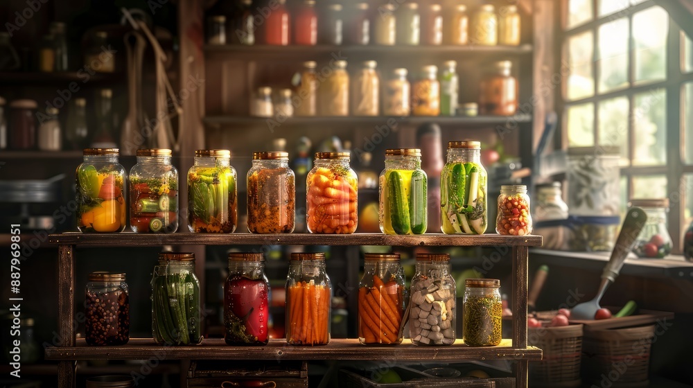 Jars of Preserved Vegetables on Wooden Shelf. Jars of Preserved Vegetables on Wooden Shelf.