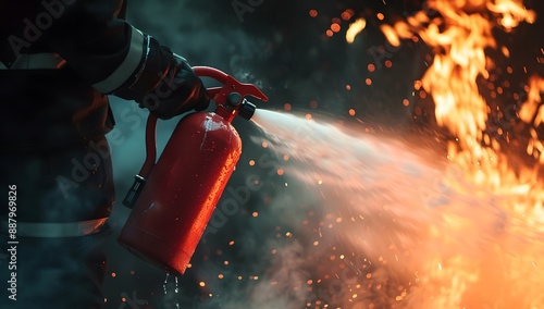 Firefighter using a fire extinguisher to put out the burning building, close-up of hands holding and spraying water from a red plastic canister on flames background