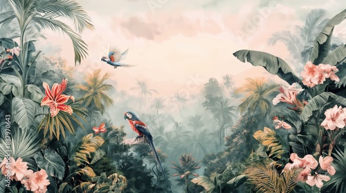 Vintage wallpaper of tropical forest with raccoons and macaws, pastel color, oil painting style. 