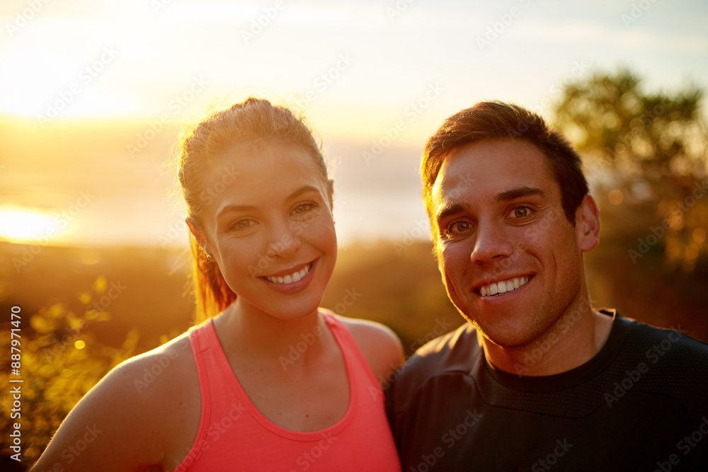 Fitness, man and woman in portrait with sunset, support and confidence in outdoor training together. Morning exercise, runner and happy personal trainer couple in nature for workout challenge on hill Fitness, man and woman in portrait with sunset, support and confidence in outdoor training together. Morning exercise, runner and happy personal trainer couple in nature for workout challenge on hill