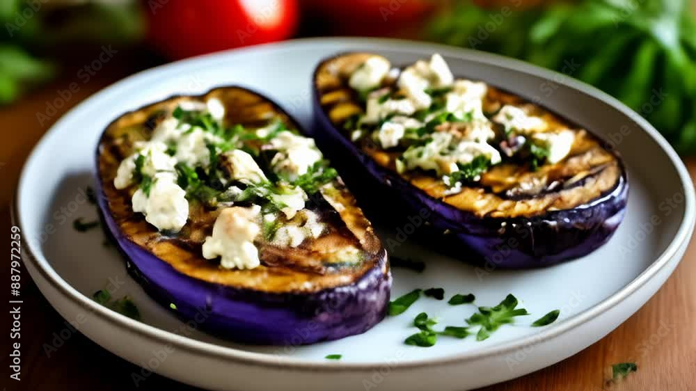Deliciously grilled eggplant with a creamy topping ready to be savored Deliciously grilled eggplant with a creamy topping ready to be savored