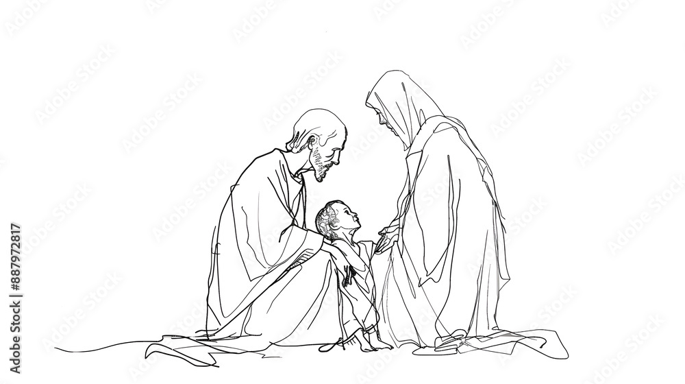 Fototapeta premium Continuous Line Sketch of Jesus Wrapping a Young Girl in a Traditional Robe on Transparent Background