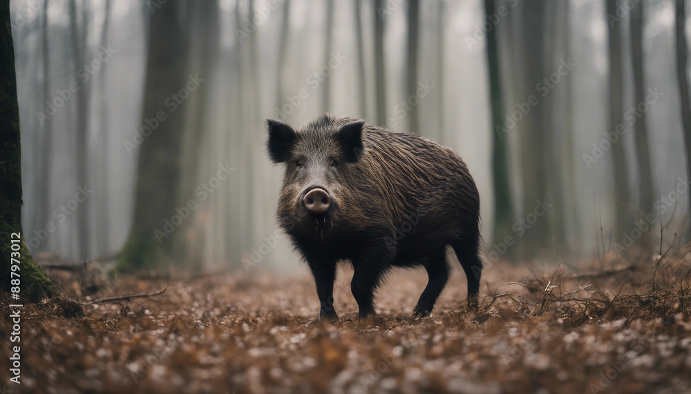 A wild boar foraging in the forest, overcast day
A wild boar foraging in the forest, overcast day