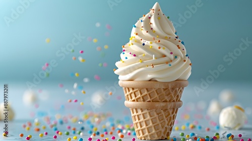 Soft serve ice cream, waffle cone, colorful sprinkles, blue background, vibrant contrast, creamy texture, swirled vanilla ice cream, dessert photography, playful composition.