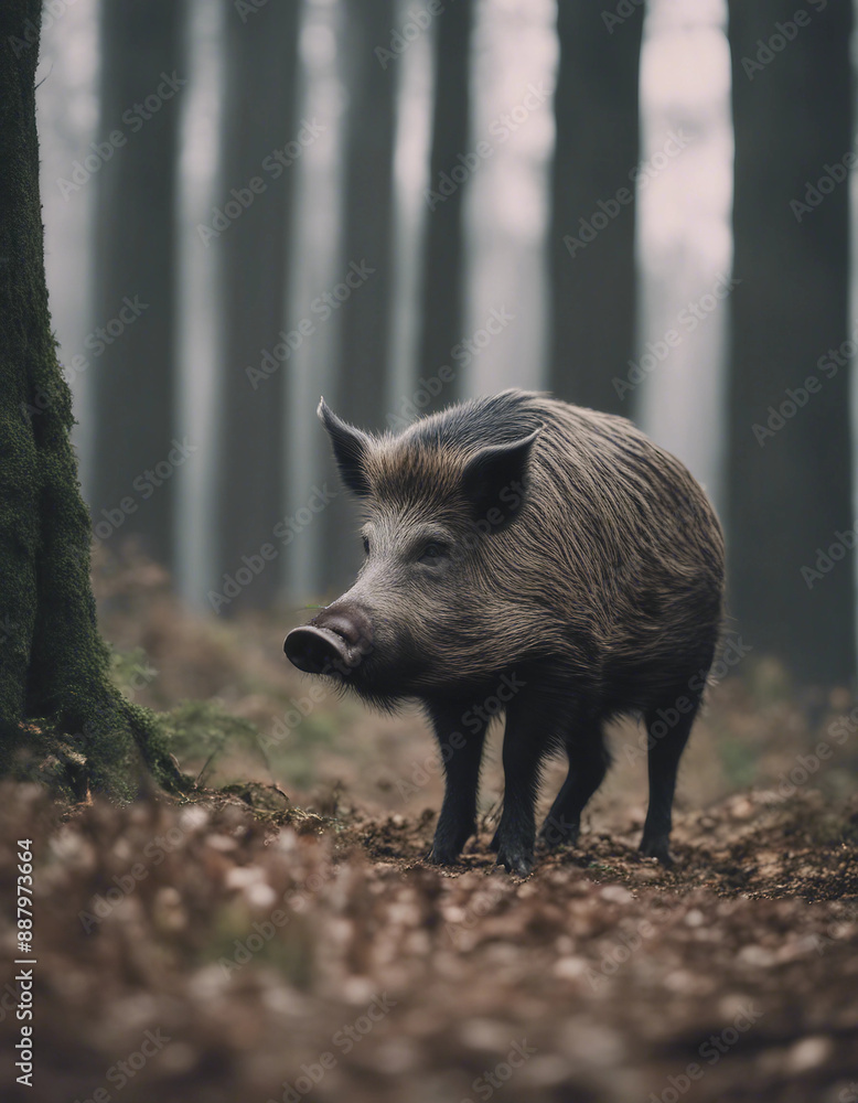 A wild boar foraging in the forest, overcast day
A wild boar foraging in the forest, overcast day