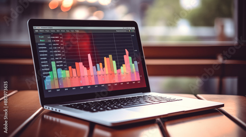 Screen computer laptop device, Displaying colorful website traffic metrics with graphs and analysis for rank of blog on internet online.