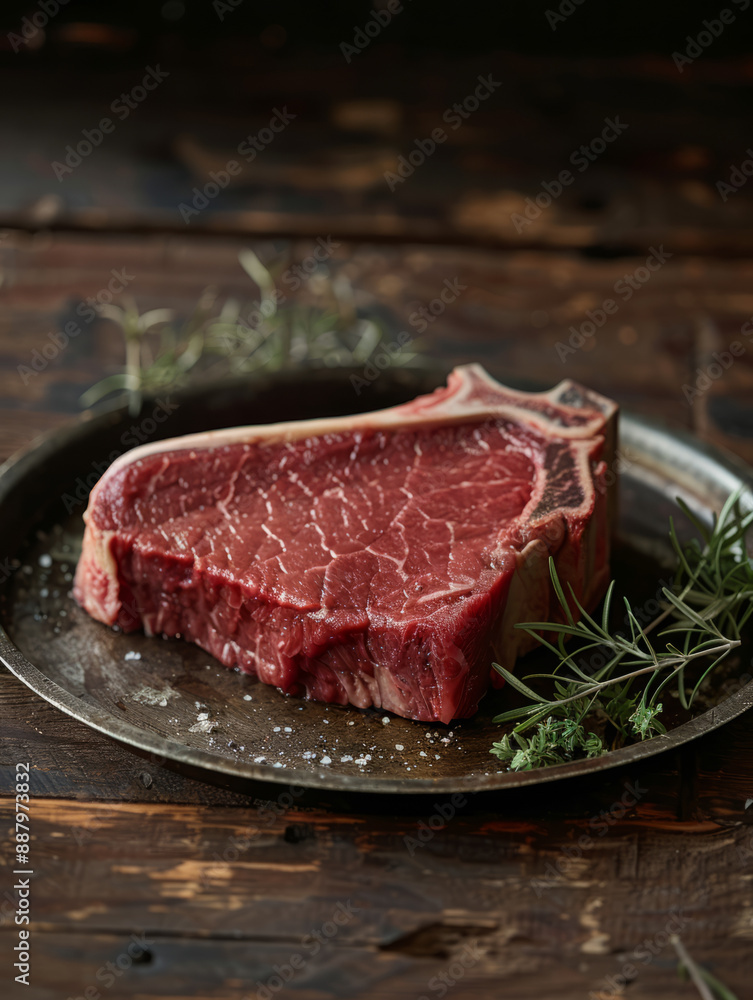 A raw steak seasoned with herbs on a metal plate. A raw steak seasoned with herbs on a metal plate.